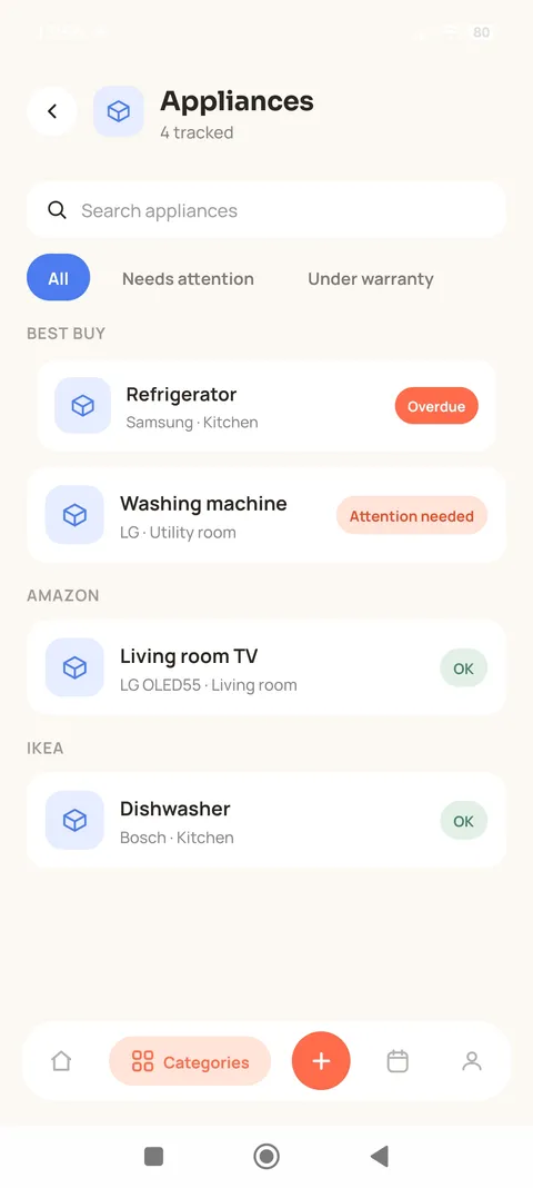 Hommato appliances list showing a refrigerator marked overdue and a washing machine needing attention