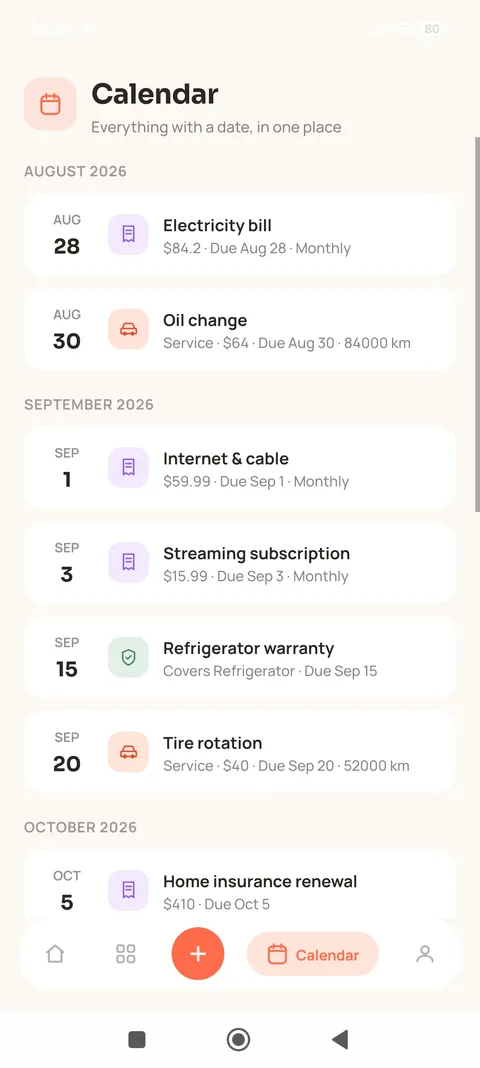 Hommato calendar showing an electricity bill, an oil change, a warranty expiry and a tire rotation on their due dates