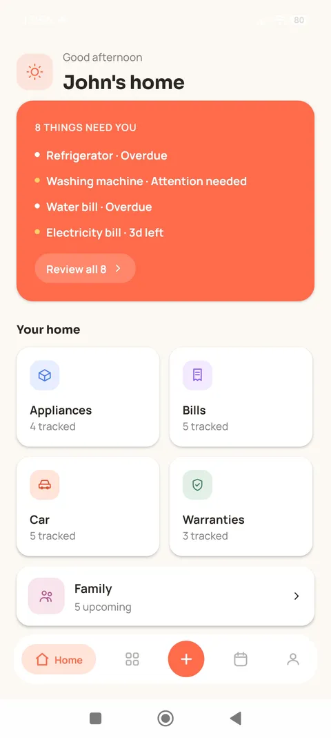 Hommato home screen showing overdue bills, appliances, car and warranties for a household