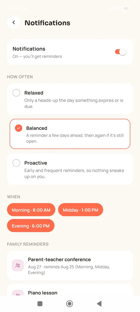 Hommato notification settings showing Relaxed, Balanced and Proactive reminder cadence options